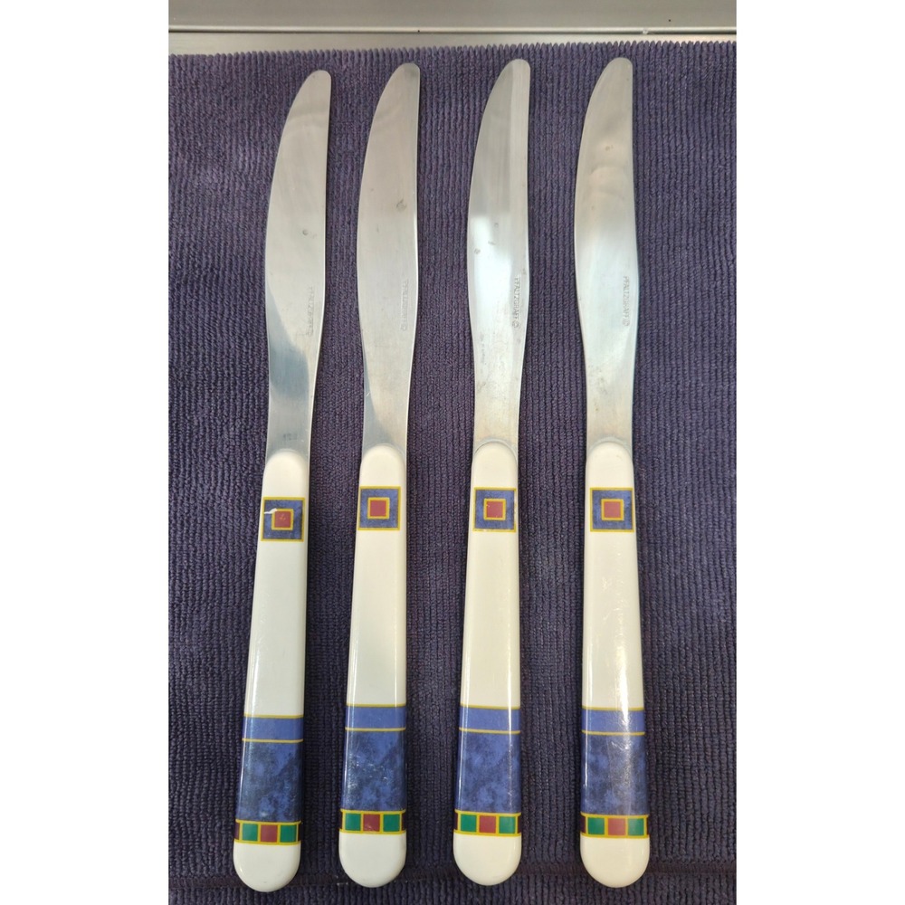 Pfaltzgraff Atalya Dinner Knives Set of 4 Stainless White Blue Geometric Vintage